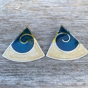 Vintage Monet Blue, Silver and Cream Enamel Triangle Swirl Post Earrings. EUC!